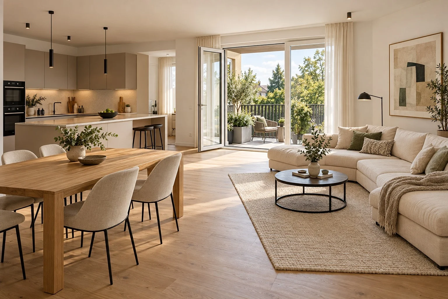 Visualisierung eines hellen Wohn- und Essbereichs mit Blick auf die Terrasse
