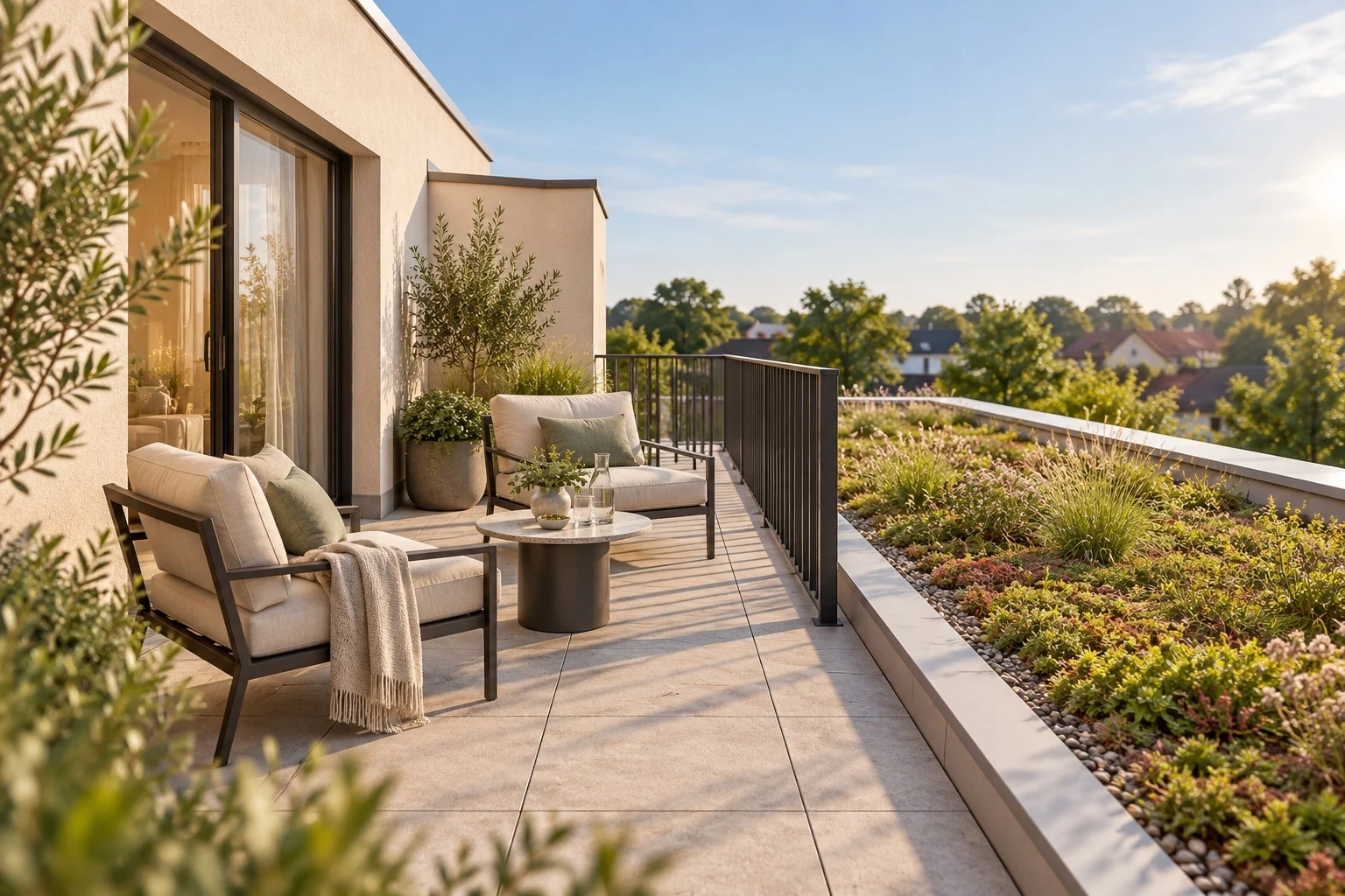 Visualisierung einer begrünten Dachterrasse mit zurückhaltender Möblierung